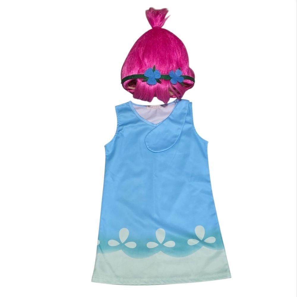Trolls Blue and White Sleeveless Dress with Pink Full Wig